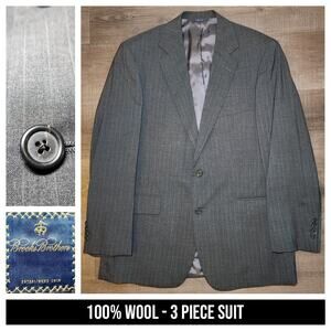 BROOKS BROTHERS Men’s 3-Piece Suit Jacket Vest Pants 42R Grey Wool Striped USA